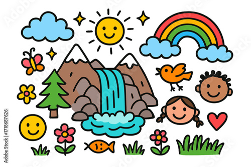 Whimsical Nature Scene. Colorful Hand-drawn doodle Children illustration Mountain Springs waterfall, rocks, pine tree, snowcap, rainbow, sun, cloud, sparkles,