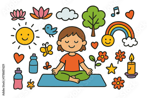 Children's Yoga Doodle. Colorful Hand-drawn doodle Children illustration outdoor yoga yoga mat, lotus flower, sun, cloud, tree, butterfly, bird, heart, water
