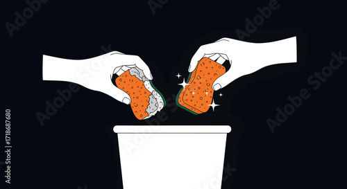 Close-up flat lay image of two hands discarding used cleaning sponges into a white bin against a black background, conveying a clean and efficient mood.