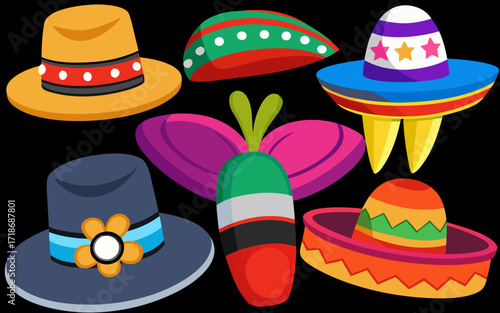 Collection of colorful mexican hats and sombrero, festive and traditional headwear for celebration and party, isolated on