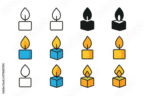 Mindfulness Candle Logos. Set Logo of Mindfulness practices and meditation retreats: Candle flame. Logo set in vector style, emblematic variations. line, bold
