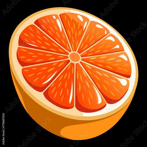 A vibrant, juicy half of a grapefruit, showcasing its segmented interior and bright orange rind, isolated on a, evoking freshness and citrus flavor