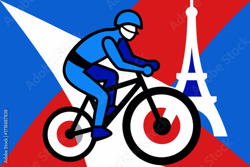 Stylized illustration of a cyclist in blue riding a bicycle with the eiffel tower in the background, set against a red, white, and blue backdrop representing the french flag