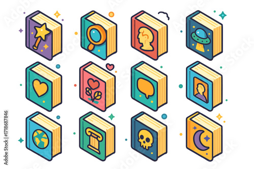 Colorful Bedtime Book Icons. Colorful isometric vector icons set of favorite bedtime book genres: fantasy novel, mystery thriller, historical fiction, science