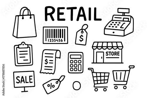 Retail Doodle Icons. Retail. Hand-drawn doodle illustration catalog, shopping bag, barcode, cash register, price tag, receipt, store building, cart,