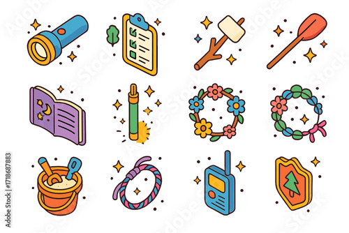 Kids' Camping Icons. Colorful isometric vector icons set of kids? camping activities: flashlight tag, nature scavenger list, marshmallow skewer, canoe paddle,