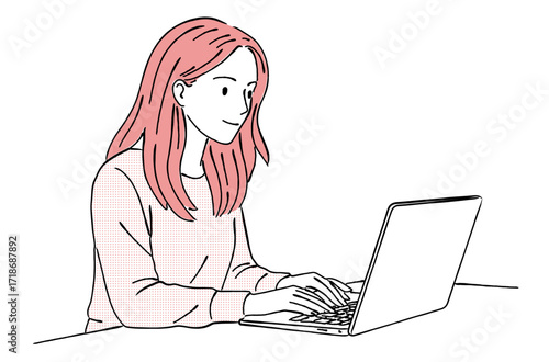 デスクでノートパソコンで作業をする若い女性のおしゃれな線画アイコンベクターイラスト / リモートワーク / 在宅オフィス / ラインアート