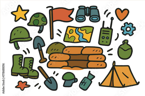 Colorful Defense Doodles. Defense line. Colorful Hand-drawn doodle Children illustration trench, sandbags, helmet, boots, shovel, binoculars, flag,