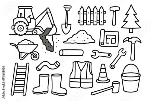 Trench Digging Tools. Hand-drawn doodle illustration rural trench digging backhoe, dirt mound, shovel, wheelbarrow, pipe, fence, blueprint, hammer, wrench,
