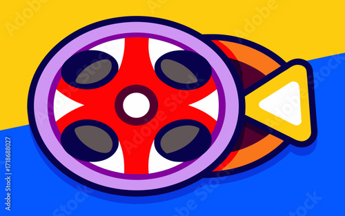 A stylized, colorful illustration of a film reel with a triangular film strip element, set against a vibrant blue and yellow background, representing cinema and media production