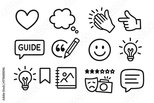 Creative Icon Doodles. Hand-drawn doodle illustration art appreciation heart icon, thought bubble, clapping hands, pointing finger, guide speech bubble, quote