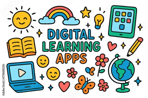 Digital Learning Doodles. Colorful Hand-drawn doodle Children illustration Digital Learning Apps laptop, tablet, book, rainbow, sun, sparkles, pencil, heart,
