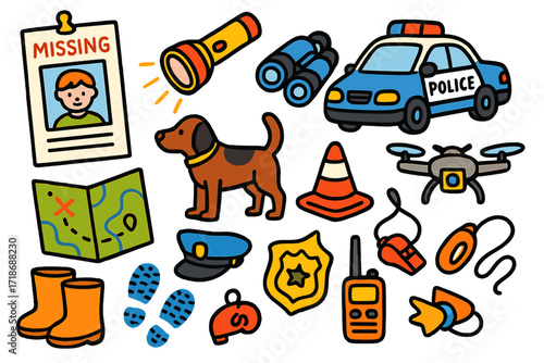 Search Effort Doodle. Colorful Hand-drawn doodle Children illustration Missing Person Search effort poster, flashlight, police car, binoculars, photo, map,