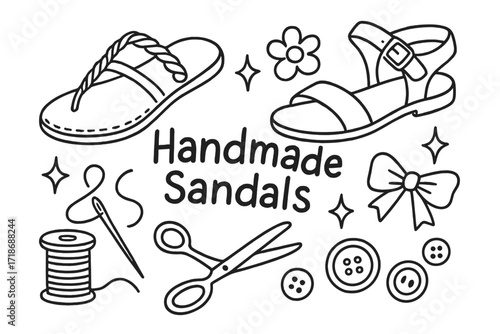 Handmade Sandals Doodle. Hand-drawn doodle illustration Handmade Sandals [braided strap, leather sandal, sole outline, thong sandal, buckle strap, stitch