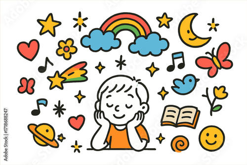 Children's Daydream Doodles. Colorful Hand-drawn doodle Children illustration Daydreaming Person [clouds, rainbow, star, flower, sun, moon, heart, spark, bird,
