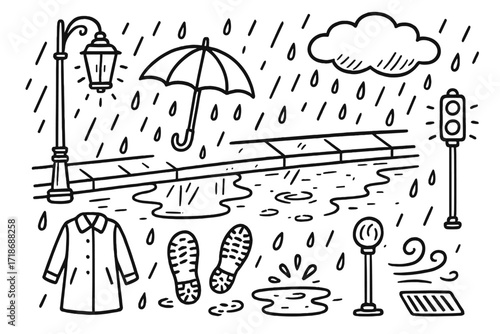 Rainy Street Doodle. Hand-drawn doodle illustration Rainy Street Scene street lamp, umbrella, puddle, raindrop, wet sidewalk, coat icon, glowing reflection,
