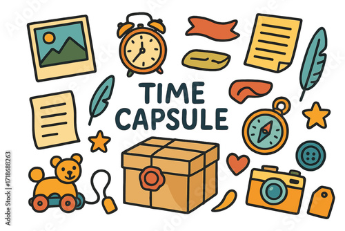 Time Capsule Doodles. Colorful Hand-drawn doodle Children illustration Time Capsule old photo, clock, note, ribbon, sealed box, paper, feather, toy, letter,