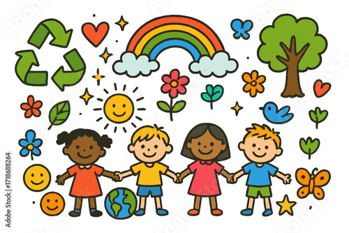 Eco-Solidarity Doodle. Colorful Hand-drawn doodle Children illustration Eco-Solidarity youth holding hands, recycling symbol, leaf, flower, tree, rainbow, sun,