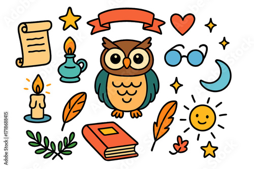 Wisdom Symbols Collage. Practical wisdom. Colorful Hand-drawn doodle Children illustration owl, scroll, lamp, glasses, feather, book, laurel wreath, star,