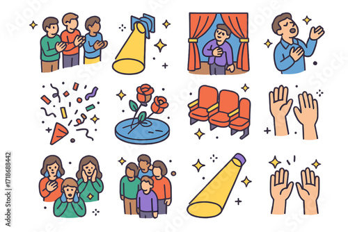 Standing Ovation Icons. Colorful isometric vector icons set of Standing ovation: people standing and clapping, spotlight on stage, curtain call, emotional