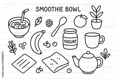 Smoothie Bowl Doodle. Hand-drawn doodle illustration Bowl Smoothie, Straw, Spoon, Fruit, Yogurt, Jar, Cup, Plate, Napkin, Leaf, Berries, Banana, Orange,