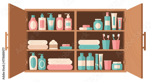 Wallpaper Mural Flat lay of open wooden bathroom cabinet stocked with toiletries, towels, and hygiene products in pastel colors against a white background. Torontodigital.ca