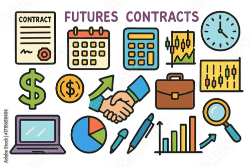 Colorful Futures Contracts Doodles. Colorful Hand-drawn doodle Children illustration Futures contracts [contract paper, calendar, clock, dollar sign, coin,