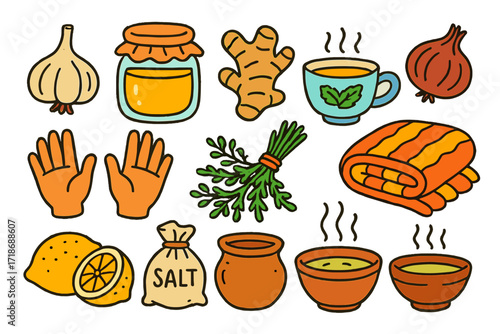 Colorful Folk Remedies. Folk Remedies. Colorful Hand-drawn doodle Children illustration garlic, honey jar, ginger root, herbal tea cup, onion, lemon, salt