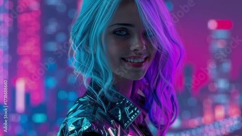 Confident woman with silver hair in shiny metallic jacket under neon city lights at night, vibrant colors, cyberpunk urban style, futuristic mood