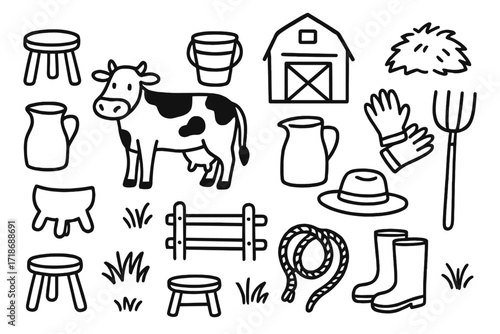Farm Harvest Doodle. Hand-drawn doodle illustration Farm milk harvesting Milking stool, cow, bucket, milk jug, barn, hay, gloves, farmer hat, boots, rope,