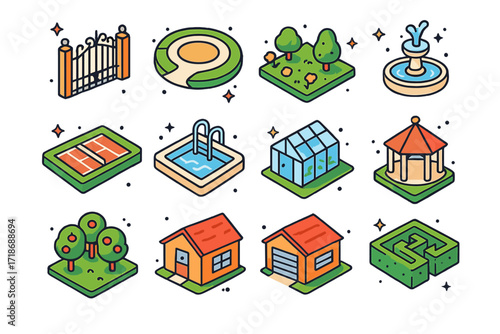 Vibrant Estate Icons. Colorful isometric vector icons set of estate property features: wrought iron gate, circular driveway, landscaped garden, fountain,