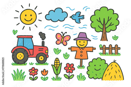 Farmyard Fun Doodles. Colorful Hand-drawn doodle Children illustration Open sky and farmland tractor, sun, cloud, bird, tree, flower, grass, corn, fence,