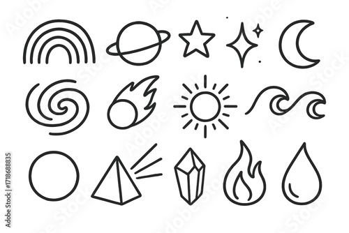 Cosmic Spectrum Icons. Hand-drawn doodle illustration Cosmic Spectrum [rainbow arc, planet, star, sparkle, moon, galaxy spiral, comet, sun, wave, circle,