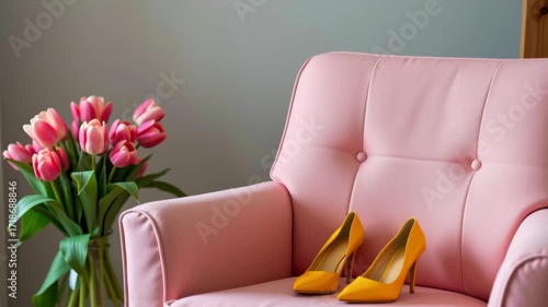 Pink armchair with yellow high heel shoes, pink tulip flower bouquet, vase, cozy and elegant indoor scene, soft lighting, feminine inviting atmosphere