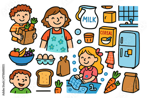 Kids' Kitchen Fun. Colorful Hand-drawn doodle Children illustration Kids helping in the kitchen grocery bags, milk jug, eggs, fruit bowl, cereal box, happy
