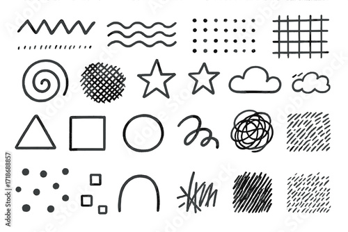 Doodle Pattern Chaos. Hand-drawn doodle illustration Textured Backgrounds zigzags, waves, dots, lines, spirals, grids, crosshatch, stars, clouds, triangles,