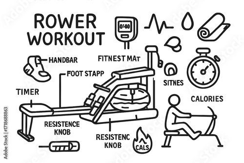 Rowing Machine Elements. Hand-drawn doodle illustration Rower Workout rowing machine, handlebar, foot strap, water tank, resistance knob, seat rail, monitor