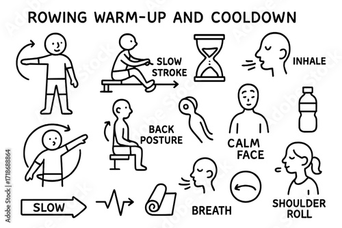 Rowing Exercise Doodles. Hand-drawn doodle illustration Rowing Warm-up and Cooldown stretching figure, slow stroke, timer, inhale icon, arm circle, seat slide,