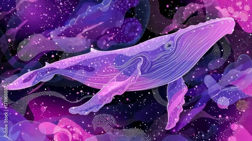 Colorful Cosmic Whale Animal Digital Illustration Featuring Vibrant Purple Pink Blue Fantasy Underwater Dreamy Space Abstract Glowing Joyful Aquatic