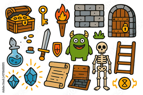 Colorful Dungeon Adventure. Colorful Hand-drawn doodle Children illustration Dungeon treasure chest, key, torch, stone wall, locked door, smiling monster,