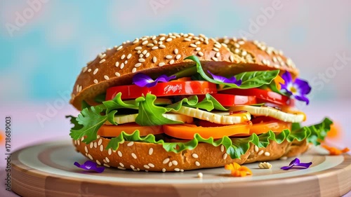 Vegetarian sandwich with tomato, lettuce, cheese, edible flower, and sesame bun wooden board, vibrant, colorful, gourmet, appetizing, fresh