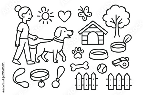 Animal Sanctuary Doodles. Hand-drawn doodle illustration walking animals in sanctuary dog, leash, collar, paw print, person, heart, tree, butterfly, sun, water