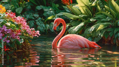 Pink flamingo bird standing gracefully lush tropical garden pond, surrounded by vibrant green foliage, blooming colorful flowers, peaceful water scene