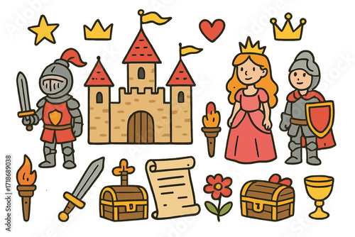 Magical Castle Icons. Castle life. Colorful Hand-drawn doodle Children illustration castle, crown, knight, princess, banner, star, heart, treasure chest,