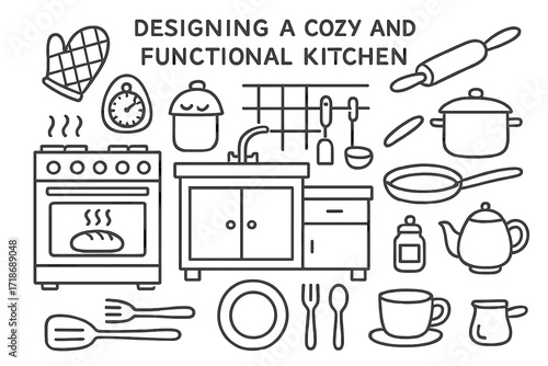 Cozy Kitchen Doodle. Hand-drawn doodle illustration Designing a cozy and functional kitchen Oven, Stove, Timer, Oven mitt, Rolling pin, Pan, Pot, Ladle,