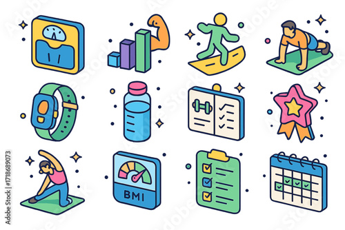 Fitness Goals Icons. Colorful isometric vector icons set of Fitness Goals: weight loss scale, muscle gain chart, running milestone, push-up target, daily step