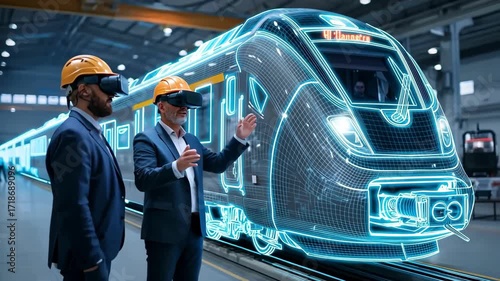 Engineers using VR to inspect a futuristic train design in a factory setting.