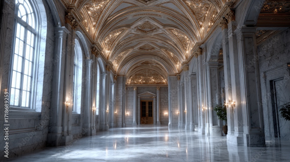 Obraz premium Ornate Hallway With Arched Windows White Marble Columns and Elaborate Gold Ceiling Illumination Creates a Grandiose Architectural Statement With Repeating Patterns
