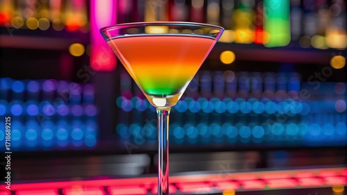 Colorful Cocktail Martini Glass Vibrant Bar Neon Lights Nightlife Party Rainbow Drink Illuminated Festive Atmosphere Modern Lounge Celebration