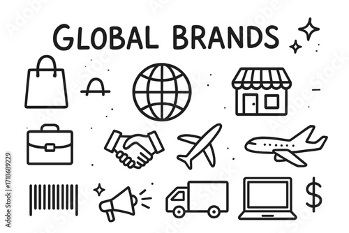 Global Commerce Doodles. Hand-drawn doodle illustration Global Brands [globe, shopping bag, storefront, handshake, briefcase, barcode, airplane, delivery
